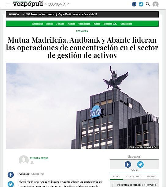 Mutua Madrilea, Andbank y Abante lideran las operaciones de concentracin en el sector de gestin de activos